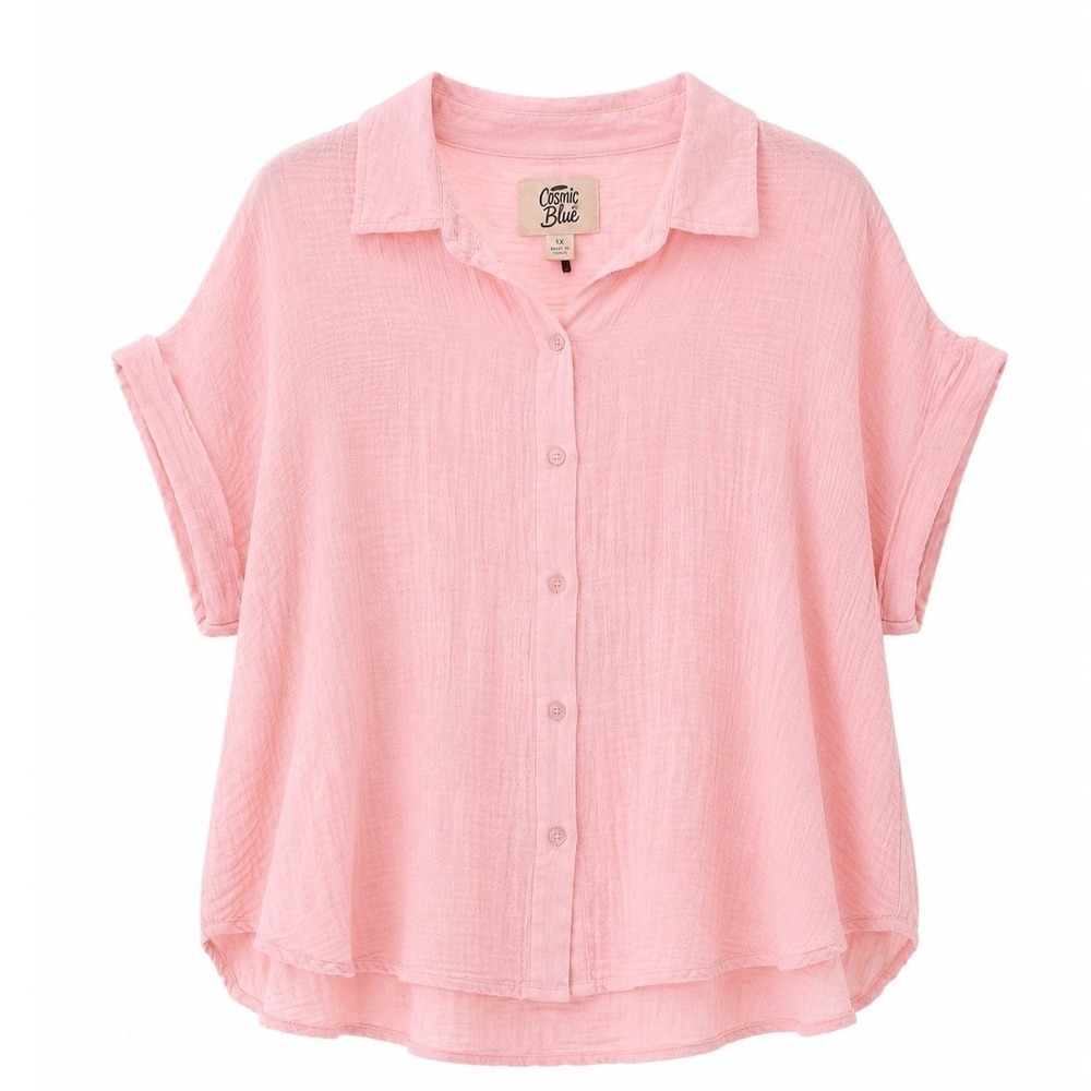Cosmic Blue Love Seashell Pink Double Gauze Button Down Shirt XXL NWT
